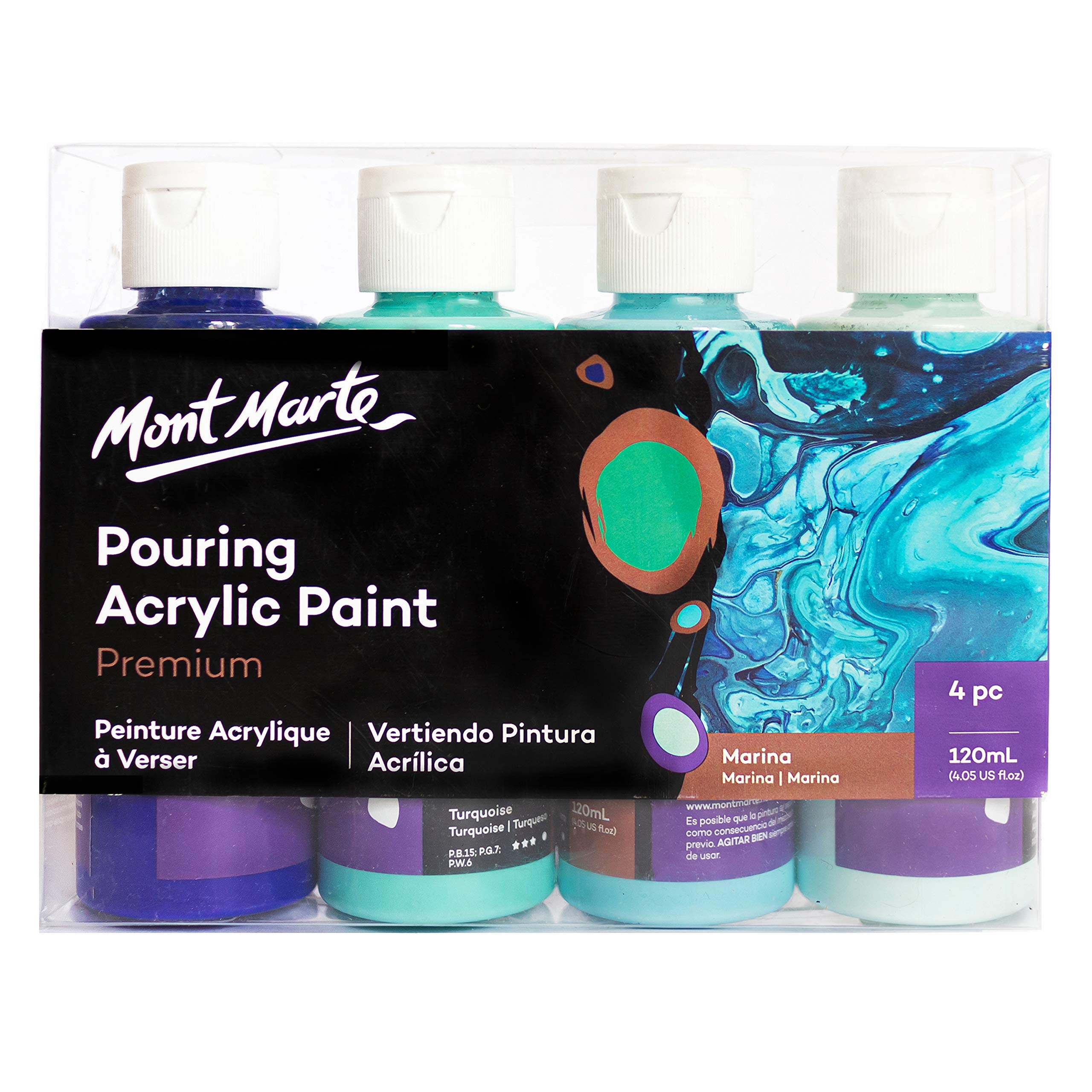 MONT MARTE Acrylic Pouring Paint Set Marina – 4 pcs x 120ml – Acrylic Pouring – Premixed with Pouring Medium – Ultramarine Blue, Turquoise, Light Blue, Light Aquamarine