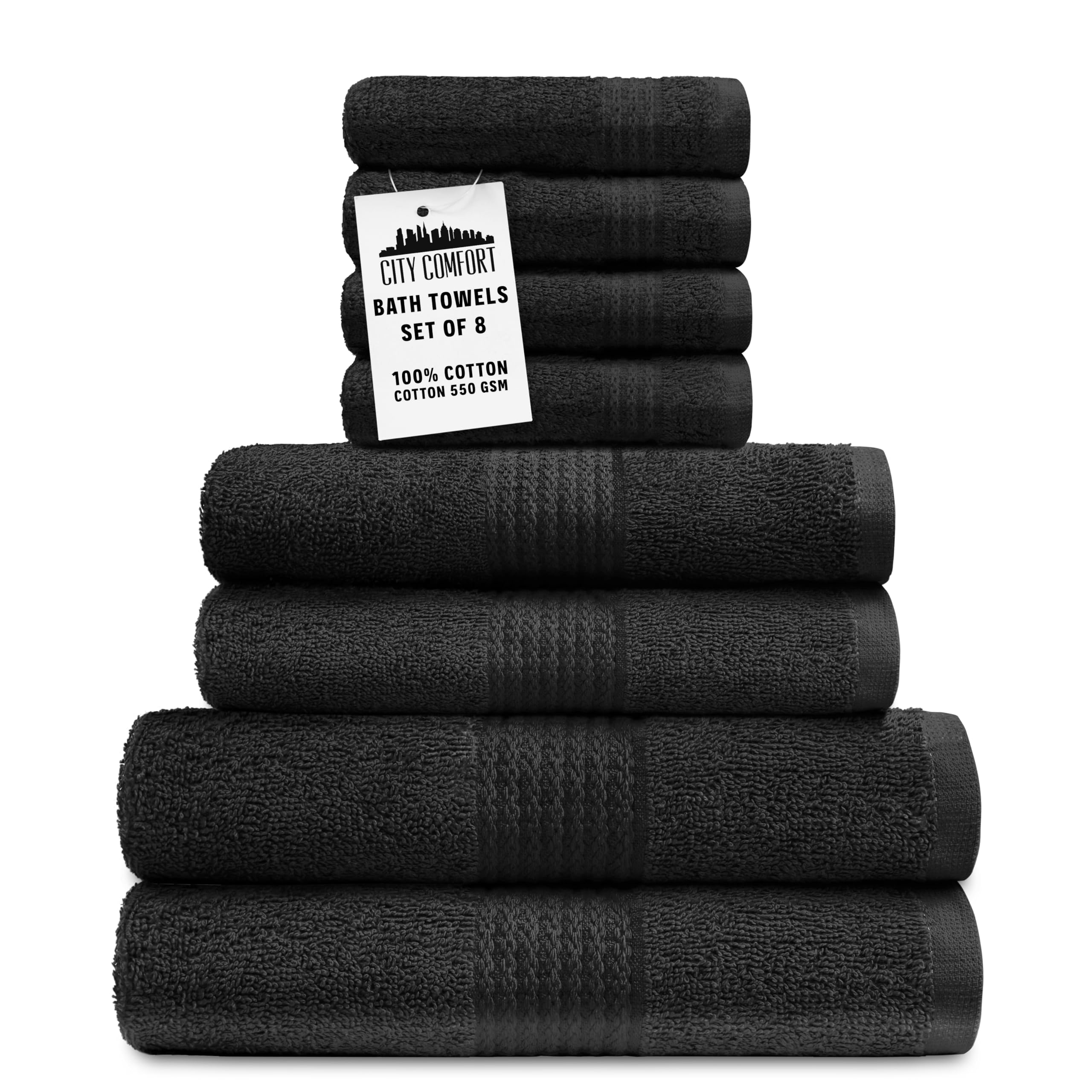 CityComfort Towel Set of 8, 100% Cotton 550GSM Highly Absorbent Quick Dry Bathroom Towels with Bath Towels, Hand Towels, Face Cloths Super Soft (Black)