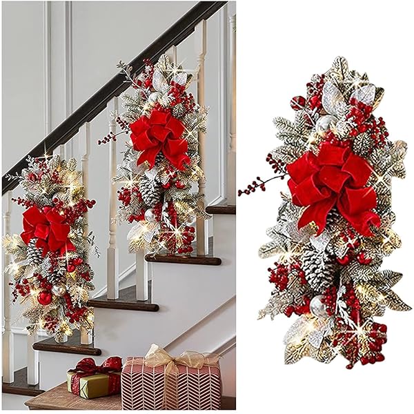 ARTIFICIAL CHRISTMAS SWAG CORDLESS PRELIT TEARDROP SWAGS CHRISTMAS WREATH WITH LIGHTS RUSTIC STAIR GARLAND WITH CHRISTMAS BALL 30LIGHT CHRISTMAS SWAGS STAIRCASE MAILBOX FRONT DOOR WALL DECORATIONS (A)