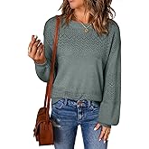 SHEWIN Women's Sweaters Casual Long Sleeve V Neck Crewneck Lightweight Crochet Pullover Sweater Tops