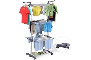 Bigzzia Clothes Drying Rack, 67.7 Inch Laundry Drying Rack with Foldable Base, 4 Tier Stainless Steel Drying Rack Clothing, Movable Laundry Rack for Indoor Outdoor-Grey
