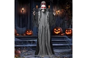 JOYIN 67'' Halloween Animatronics Rising Standing Grim Reaper, Life-Size Skeleton with Motion & Sound & Light, Sound Activated Halloween Decorations for Haunted House Graveyard tombstones Yard