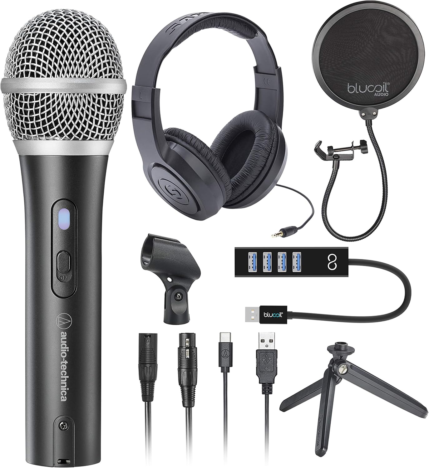 Audio-Technica ATR2100X-USB Cardioid Dynamic Microphone (ATR Series) for Podcasting, Voiceover, Studio Recording Bundle with Samson SR350 Stereo Headphones, Blucoil Pop Filter, and USB-A Mini Hub: Musical Instruments