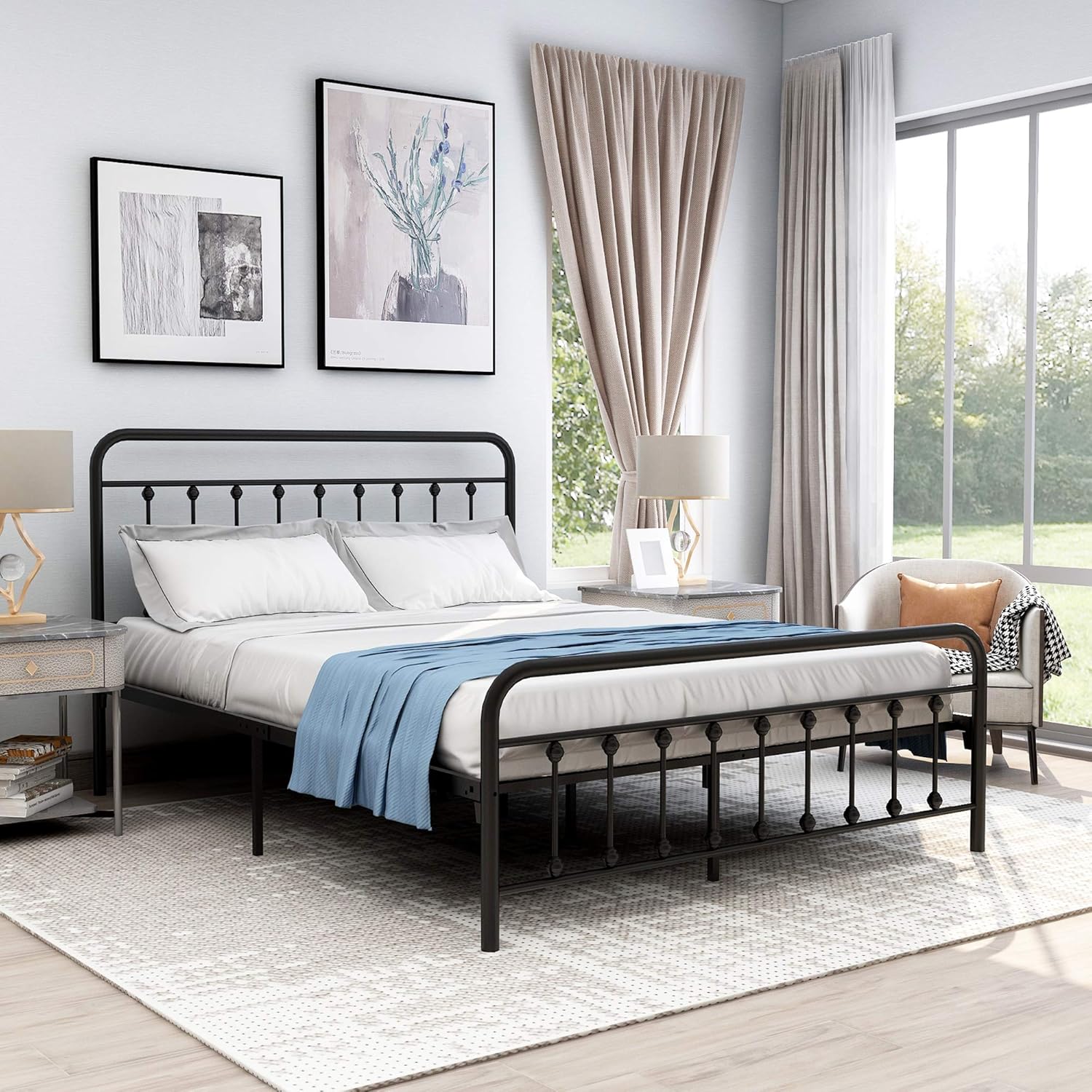 Queen Size Metal Bed Frame with Vintage Headboard and