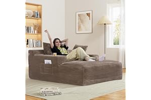 DAMAIFROM Oversized Chaise Lounge Chair Indoor with Cup Holders & Side Pocket, 50"W x 68"D Plush Corduroy Boneless Chair with Thickened Backrest & Deep High Seat Comfy Reading Chair for Studyroom - Camel