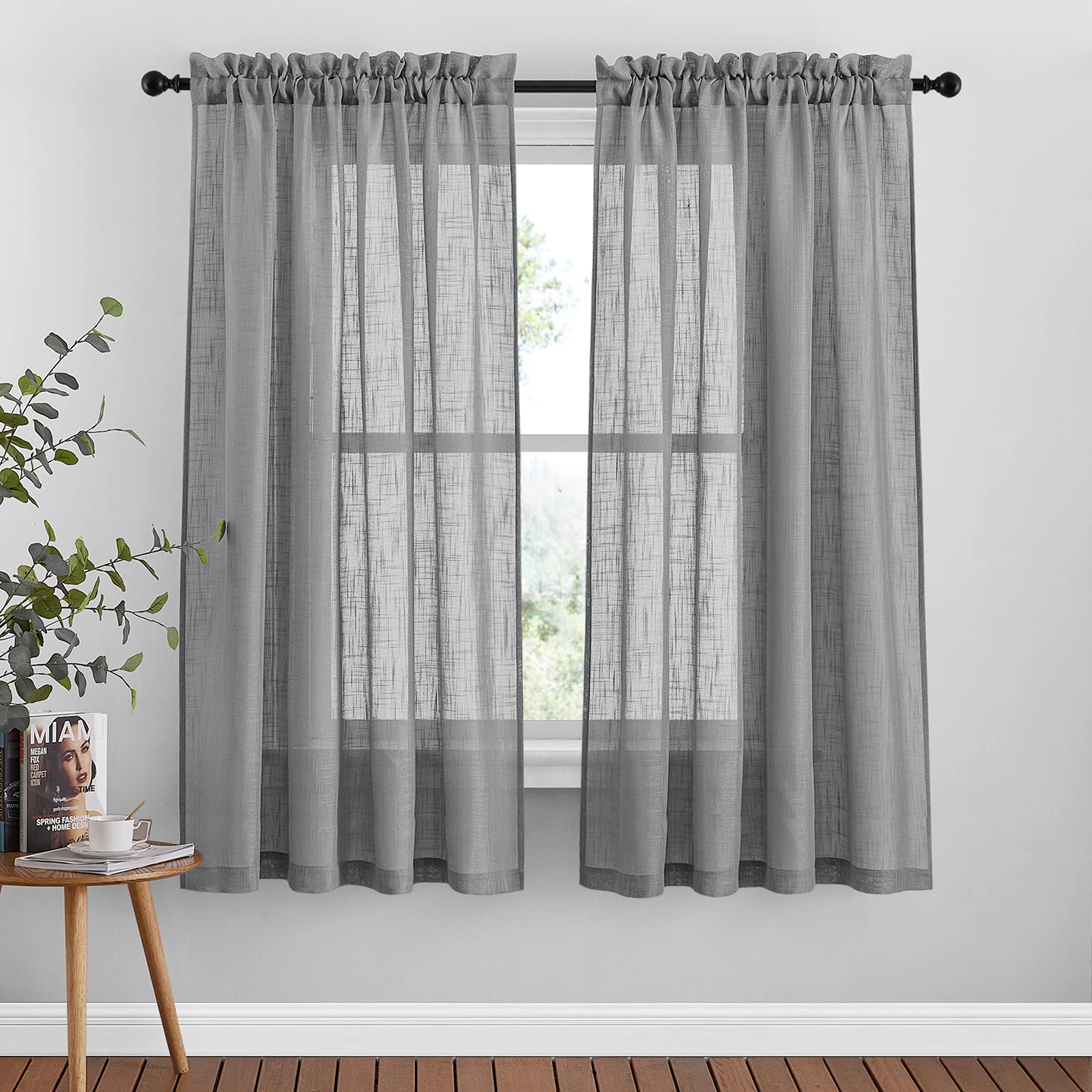 PONY DANCE Grey Voile Curtains - Net Curtains for Bedroom Small Window Curtains Linen Look Sheer Light Filter Thick Small Window Treatments for Bathroom, 2 Pieces, W 52 inch by L 63 inch, Dark Grey