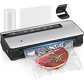 Vacuum Sealer for Food - 90kpa Vacuum Sealer Machine with Bags Storage and Built-in Cutter, Food Sealer with External Vac Function, Dry Moist Modes, Bag Roll included, Stainless Steel