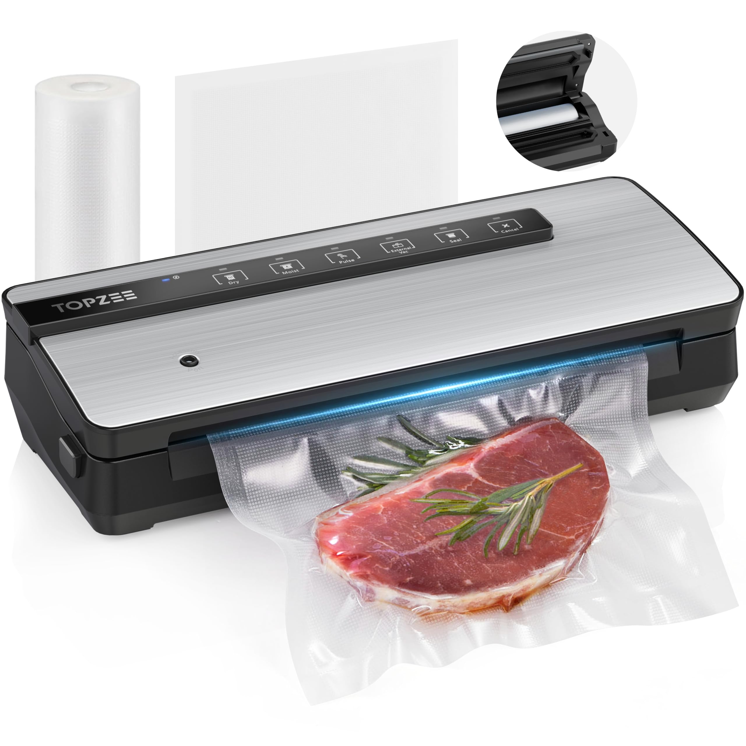 Photo 1 of Vacuum Sealer for Food - 90kpa Vacuum Sealer Machine with Bags Storage and Built-in Cutter, Food Sealer with External Vac Function, Dry Moist Modes, Bag Roll included, Stainless Steel