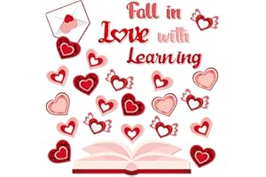 ARIANQICULT 74Pcs Valentine's Day Fall in Love with Learning Bulletin Board Set Red Heart Cutouts Name Tags Cutout Valentines Learning Themed Chalkboard Classroom Wall Decor for Elementary Kindergarten Preschool