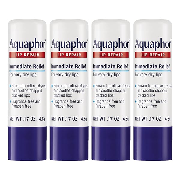 AQUAPHOR LIP REPAIR STICK WITH JOJOBA OIL AND SHEA BUTTER, MOISTURIZING LIP BALMS, FRAGRANCE FREE AND PARABEN FREE, IMMEDIATELY RELIEVES DRYNESS, 0.17 OZ STICK, PACK OF 4