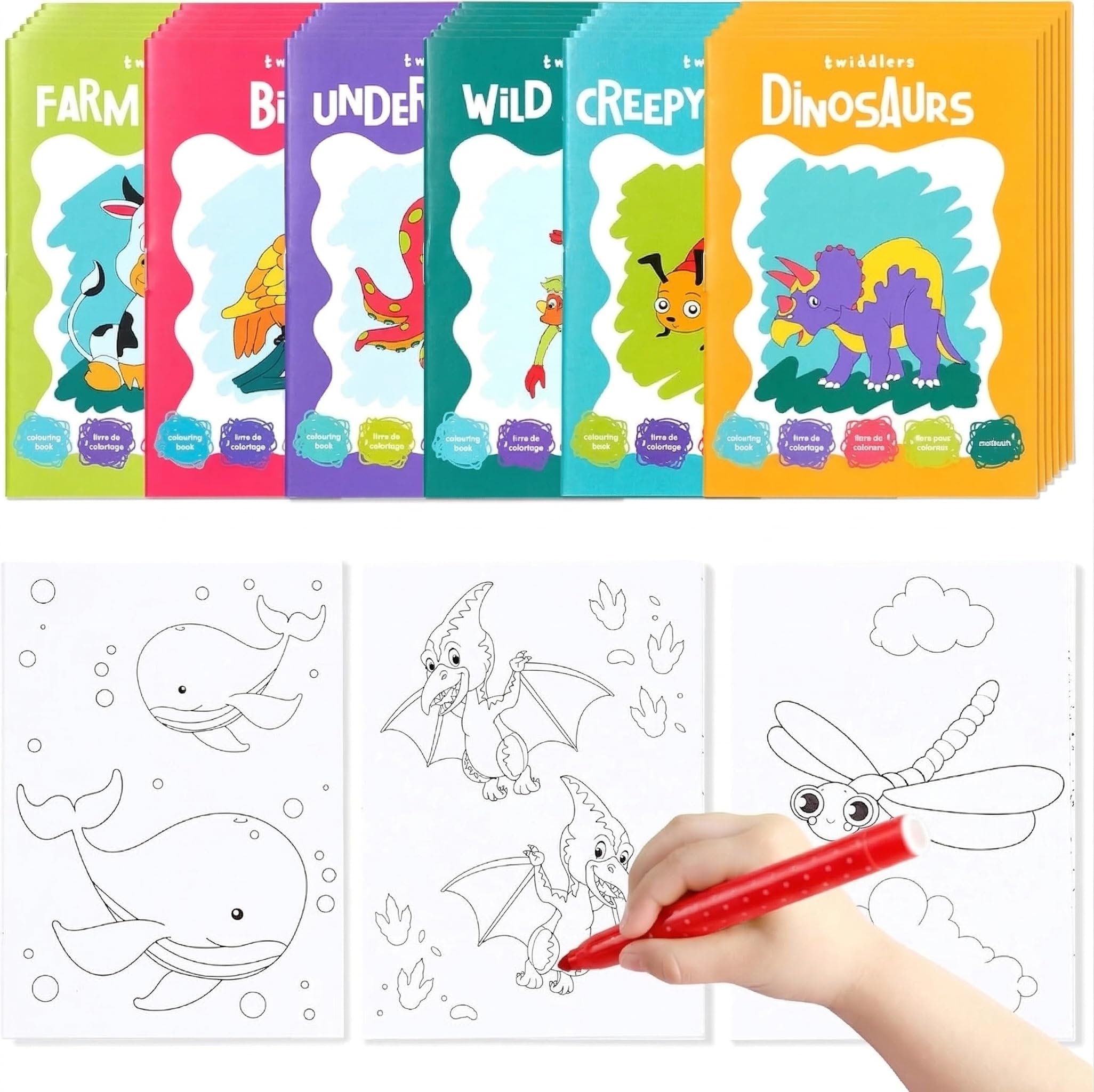 THE TWIDDLERS 24 Mini Colouring Books for Kids, A6 Paper Size - Fun Assorted Animal Designs, Mini Books for Party Bags, Children Art Activity Gift Set, Unisex Party Favours