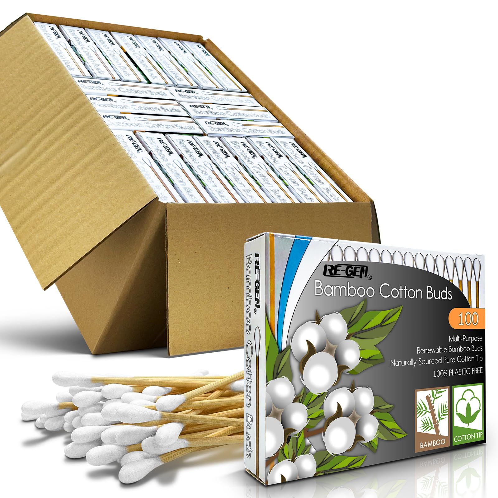 RE-GEN Bamboo Cotton Buds 2000 Pack (20x 100pc Box) | 100% Natural Cotton Wool Tips | Biodegradable Compostable Bamboo Ear Buds | Eco-Friendly Recyclable Plastic Free