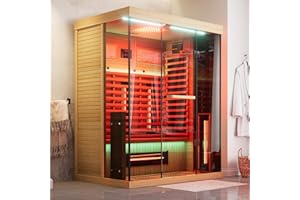 MEISSALIVVE Full Spectrum Infrared Sauna，2-3 Person Home Sauna，Wooden Canadian Hemlock Indoor Spa Sauna with Resonance Speaker, Panoramic Tempered Glass Door
