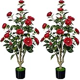 Aoczes 2 Packs Artificial Camellia Tree 3Ft Red Flowers Artificial Plants Outdoor Fake Potted Camellia Tree for Indoor Office Home Porch Patio Decor