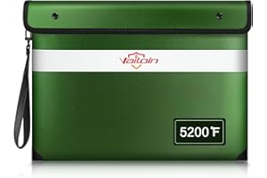 VAILOIN Fireproof Document Bag with Water Resistant Zipper（13.9"x10.6"）,5200°F Heat Insulated Fire Proof Pouch with Soft Leather Hand Strap,Fire and Waterproof Envelope for Cash,Documents,Jewelry(Green)