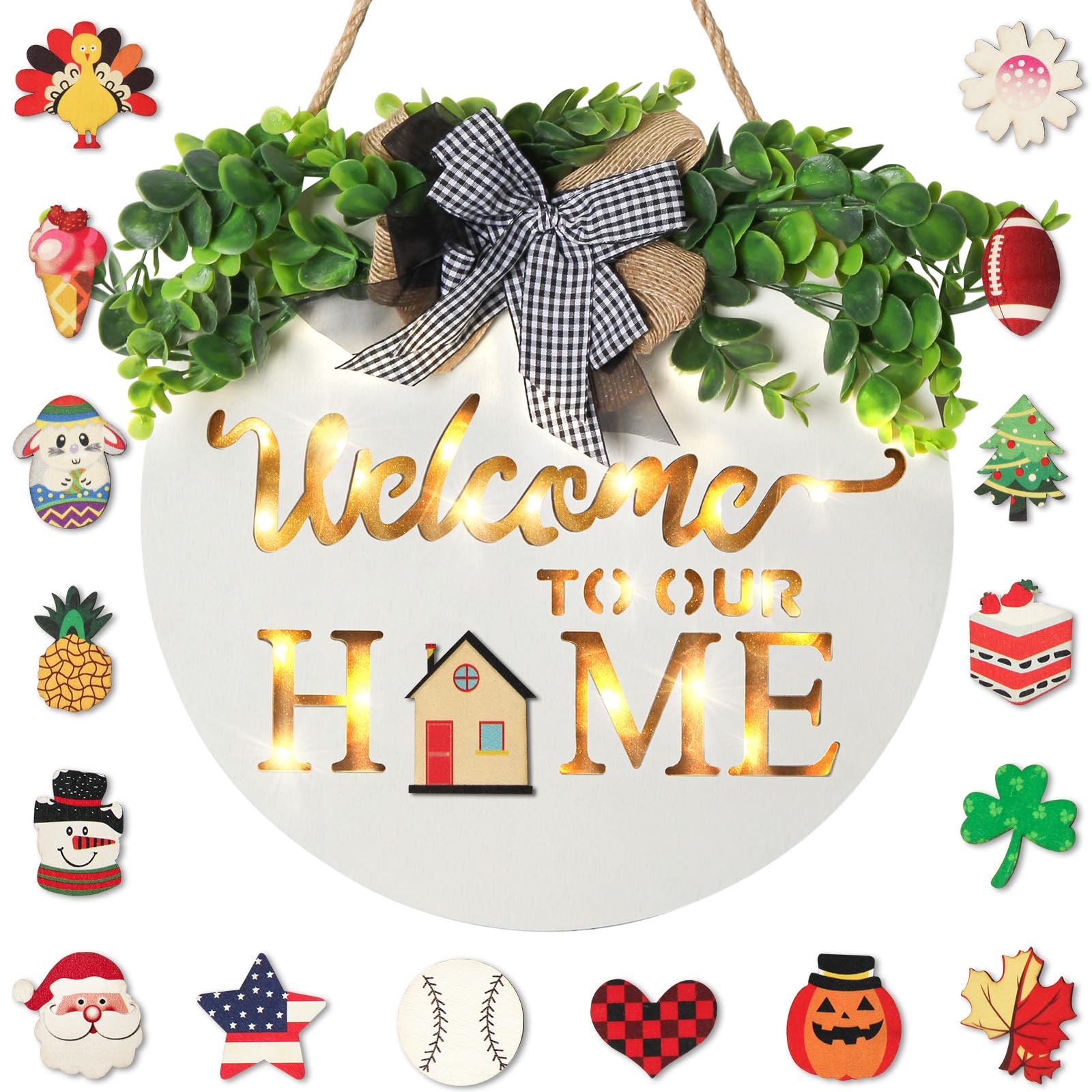 Photo 1 of MIPON Welcome Sign for Front Door, Wall, or Porch Decor - Interchangeable Seasonal 17 Changeable Icons for All Seasons & Holidays (Spring, Summer, Fall, Winter, Easter, Christmas) - White