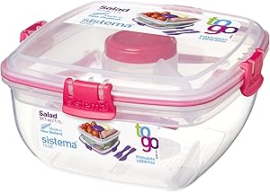 Sistema To Go Collection Salad Food Storage Container, 37 oz./1 L, Clear/Pink