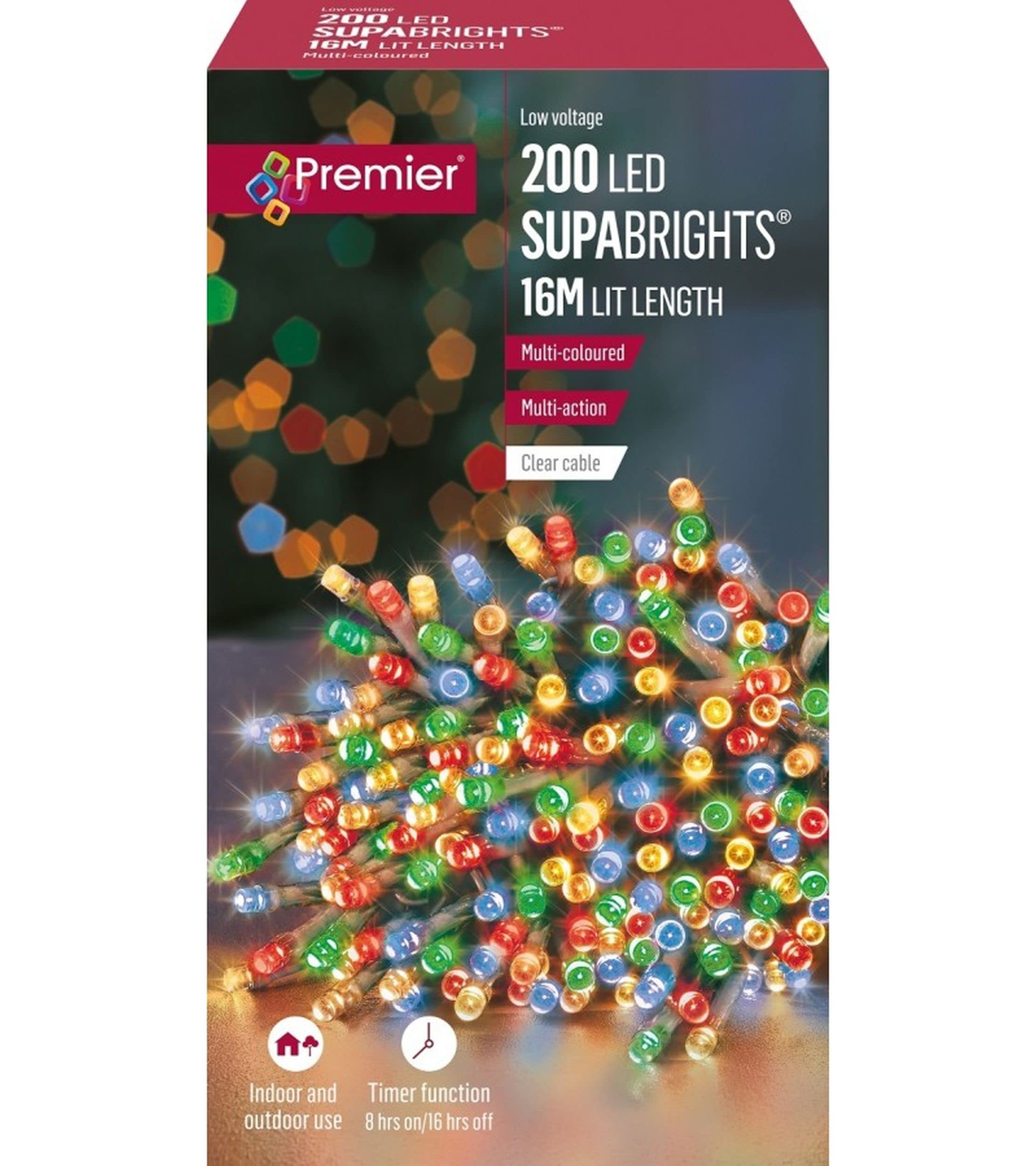 Premier 200 LED Multi Action supabrights Multi Coloured with Clear Cable