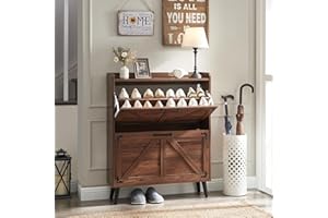 Barnyatoh Shoe Storage Cabinet with 2 Flip Drawers, Farmhouse Hidden Shoe Organizer, Narrow Slim Shoe Rack Cabinet for Entryw