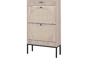 XIAO WEI Shoe Cabinet, Natural Semi Circle Rattan Shoe Storage Organizer Cabinet with 2 Flip Drawers, Freestanding Shoe Rack with Adjustable Shelf for Entryway
