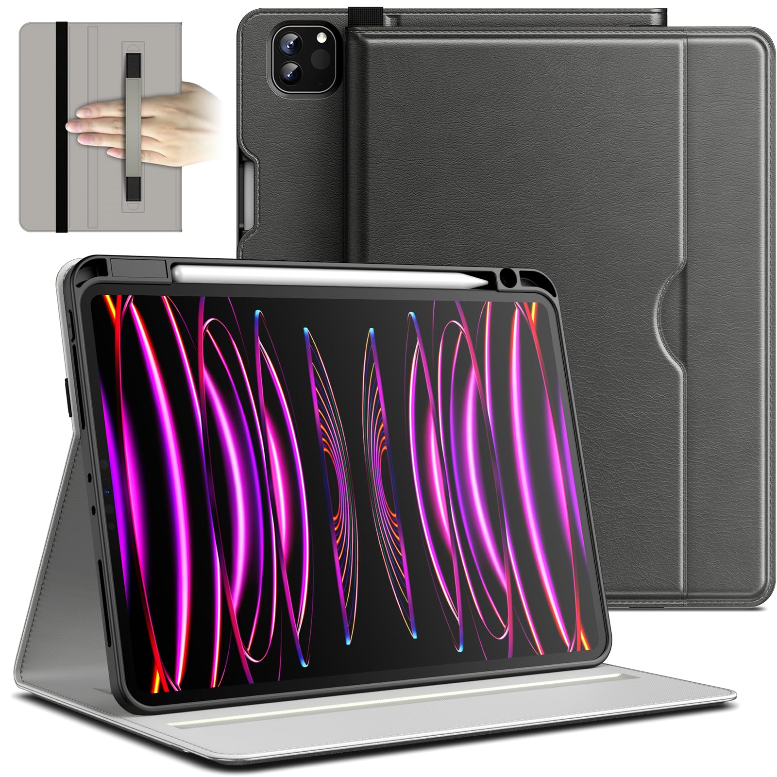 JETech Case for iPad Pro 11 4/3/2 (11-Inch, 2022/2021/2020 Model, 4th/3rd/2nd Gen), PU Leather Business Folio Protective Tablet Cover with Pencil Holder & Pocket Multi-Angle Viewing (Space Gray)