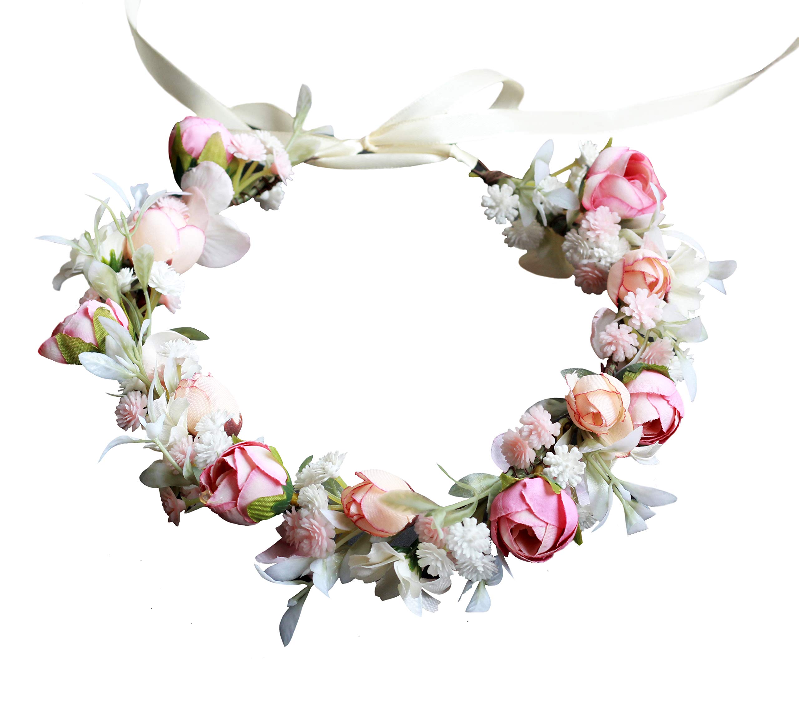 Brikuinr Floral Crown Wreath Bride Flower Headband Hair Wreath Hair Garland Flower Halo Floral Headpiece Boho with Ribbon Wedding Party Pink
