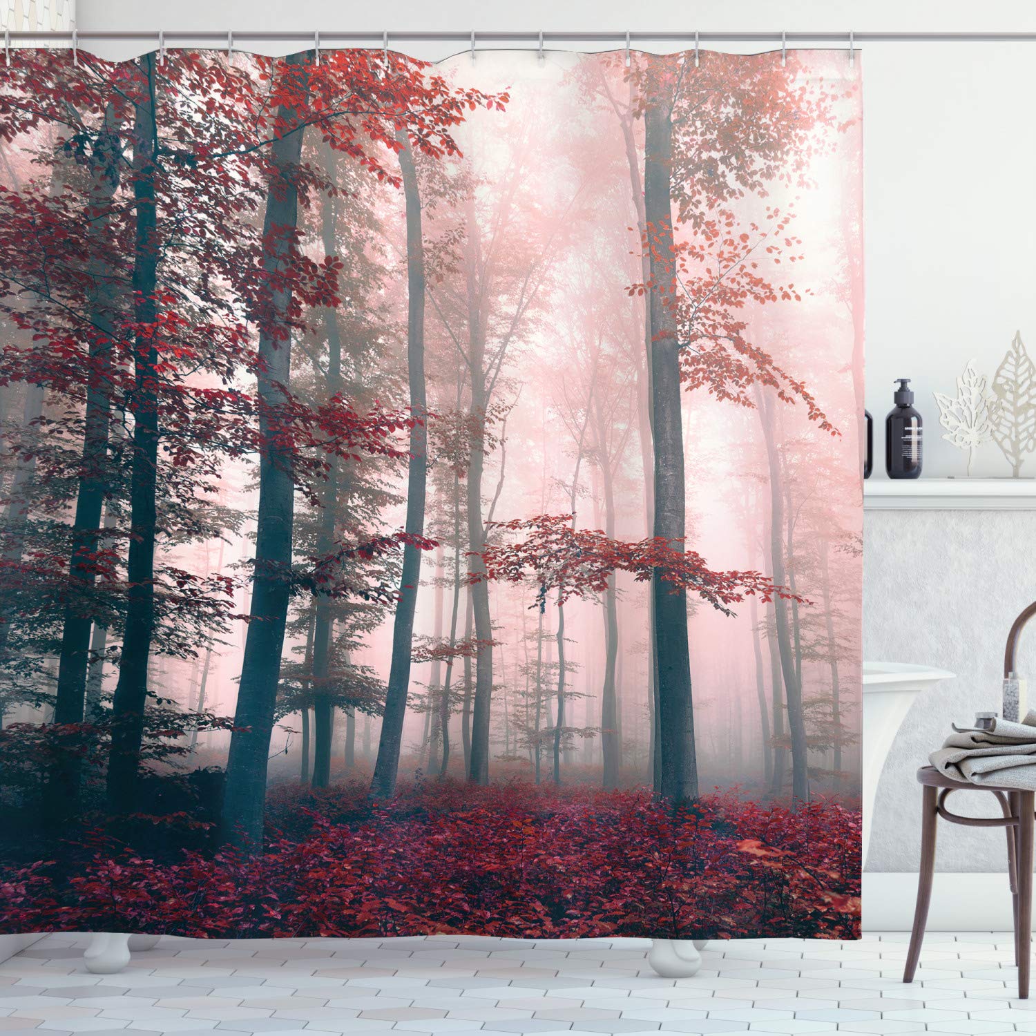 ABAKUHAUS Forest Shower Curtain, Autumn Season Mystic Foggy Fall Nature and Enchanted Woods Wild Trees Print, Cloth Fabric Bathroom Decor Set with Hooks, 86 Inches Extra Long, Red Grey and Brown