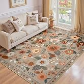 RELEANY Floral Washable 6x9 Area Rugs Brown/Brick | Flower Carpet, Print, Boho, Non-Slip, Easy to Clean, Soft, Low Pile for Living Room Bedroom Kitchen Office Entryway Hallway