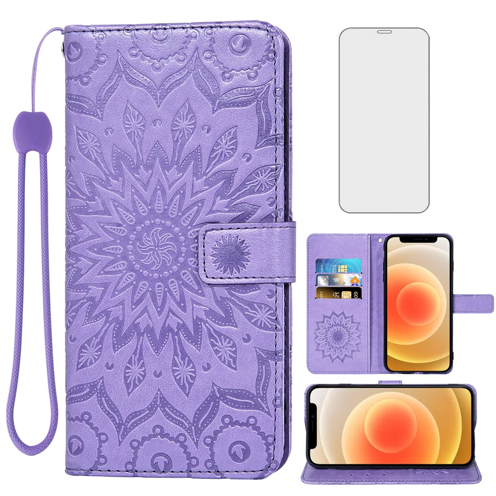Phone Case for iPhone 12 Mini 5.4 Wallet Cases with Tempered Glass Screen Protector Leather Slim Flip Cover Card Holder Stand Cell Accessories iPhone12mini 5G i 12s iPhone12 12mini Women Purple