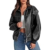 Tankaneo Womens Oversized Leather Bomber Jackets Cap Sleeve Zip Up Motorcycle Coats with Pockets