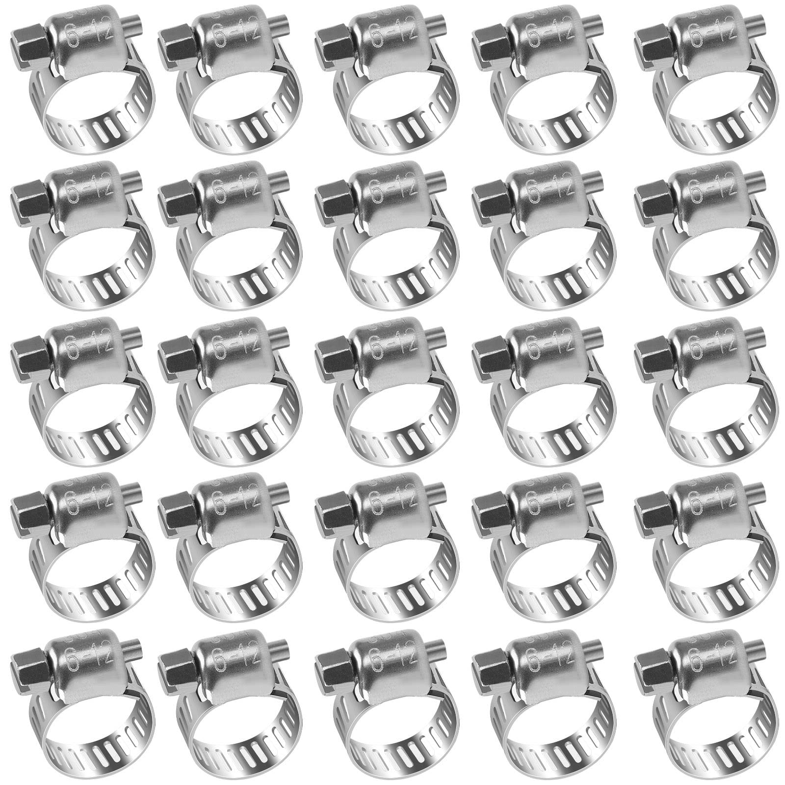drado Jubilee Hose Clips 6-12mm Stainless Steel Pipe Clamps, 25 Pack Worm Drive Hose Clips, Silver