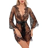 Narcisse Women's Lace Kimono Robe Mesh Nightgown Chemise Babydoll Cover Up Purple/Black/Red Robe with Belt
