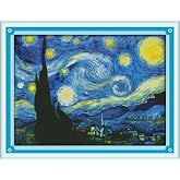 IUHUI 14 Count Stamped Cross Stitch Kits for Beginners Adults, The Starry Night of Van Gogh Pre-Printed DIY 14ct Embroidery Sewing Starter Kit Needlework Easy Patterns Famous Paintings