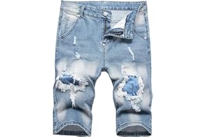 HENGAO Men's Ripped Jean Short Distressed Straight Fit Denim Shorts