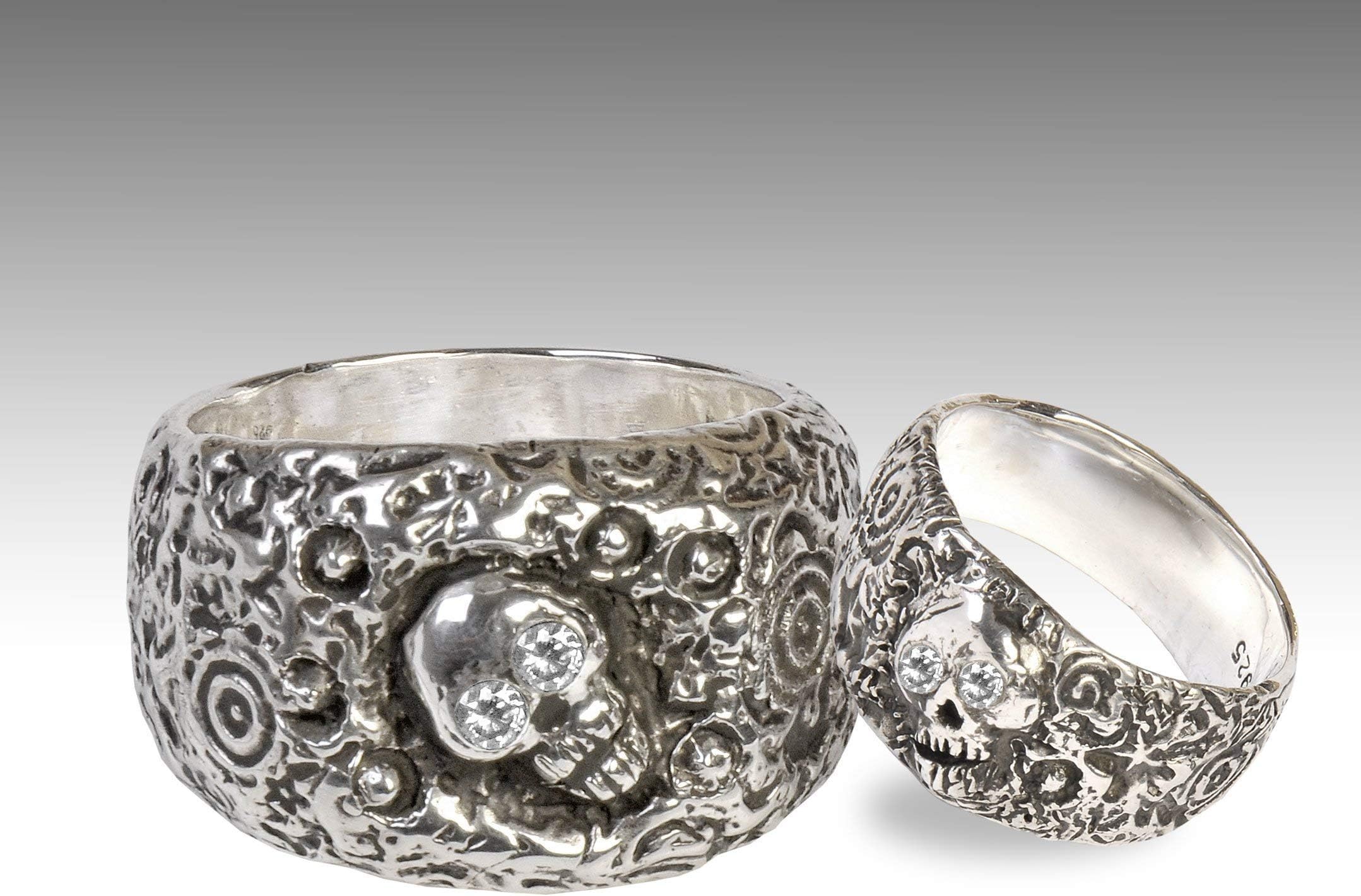 Silver Skull Wedding Ring Set, Skull Wedding Ring,Diamond Skull Wedding Ring Set