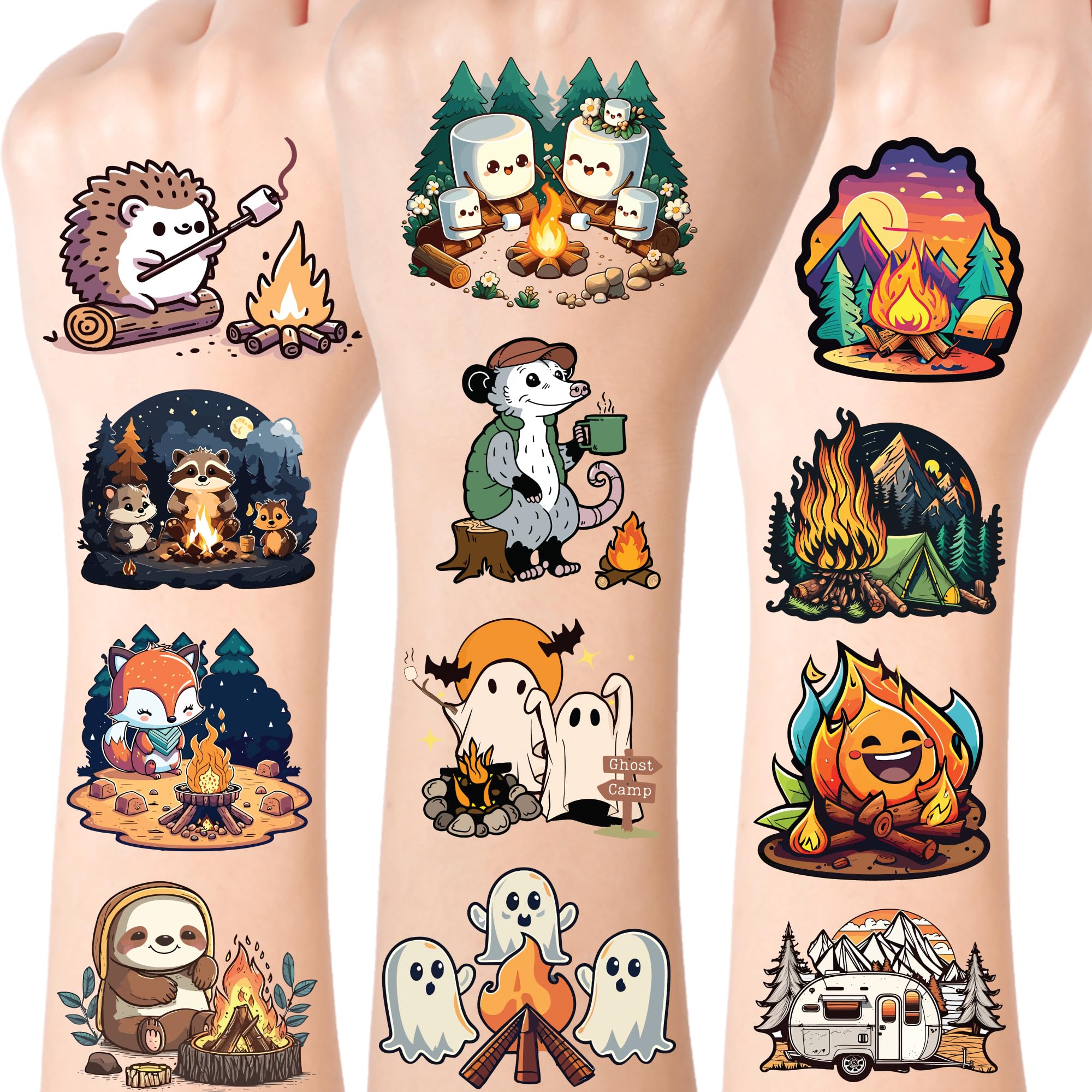Photo 1 of Camping Temporary Tattoo for Party Supplies, Camping Birthday Decorations, 49 PCS Animal Tattoos Stickers for Birthday Parties, Camping Tattoos Party Favor