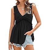 Glamaker Women Summer Tank Tops Babydoll Beach Lace Peplum Tops Boho Flowy Sleeveless V Neck Casual Tunic Shirts