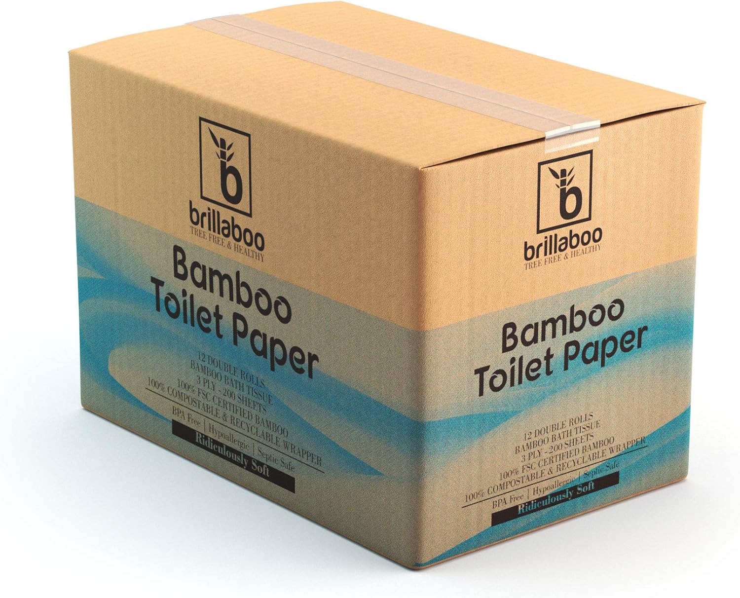 BrillaBoo Pure Bamboo Toilet Paper | 100% Tree Free Hypoallergenic Bamboo Toilet Paper For Sensitive Skin | Plastic, Tree & Lint Free | Septic-Safe - 3 Ply - 200 Piece Roll | 12 Rolls: Health & Personal Care