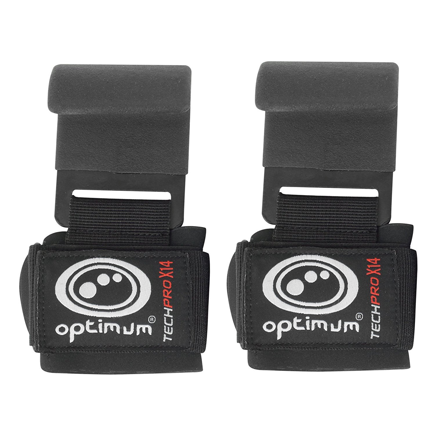 Optimum TechPro X14 Weight Lifting Hooks with Neoprene Lined Wrist Support Chin Pull Up Hooks Fitness Strength Training and Workout