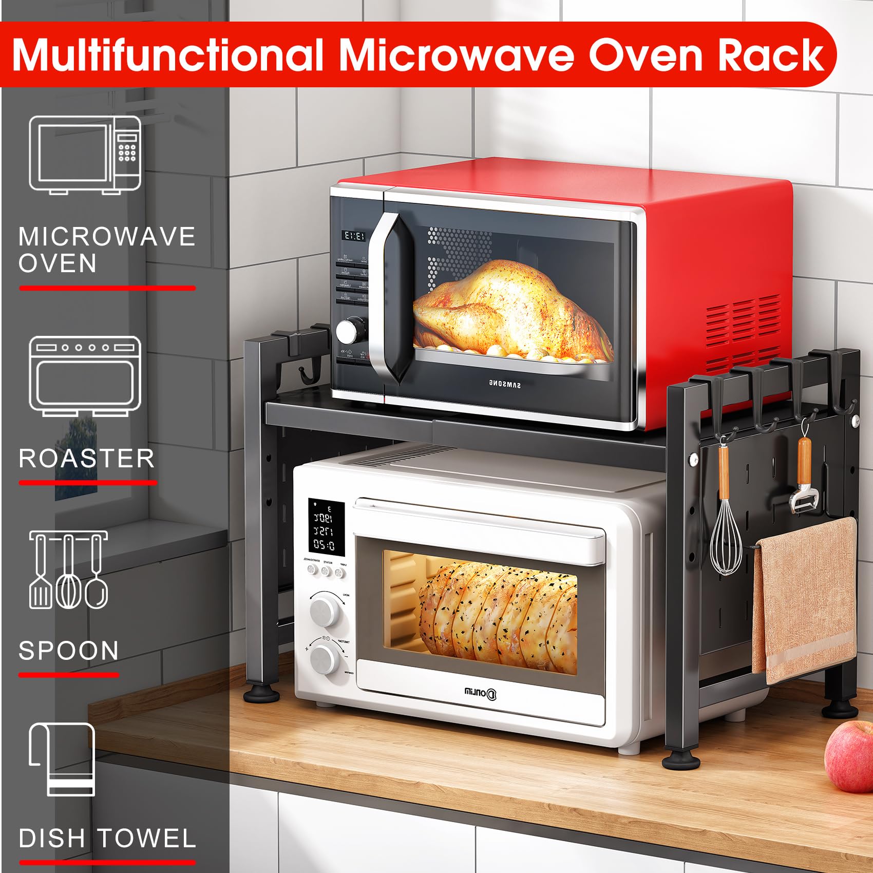 SAYZH Mikrowellen Regal, 2-stufiges Erweiterbares mikrowelle Regal Mikrowellenregal Organizer Küche mit 10 Haken, Flexibel Ausziehbar von 40-70cm, Stufiges Küchenregal mikrowellenständer, Schwarz 6