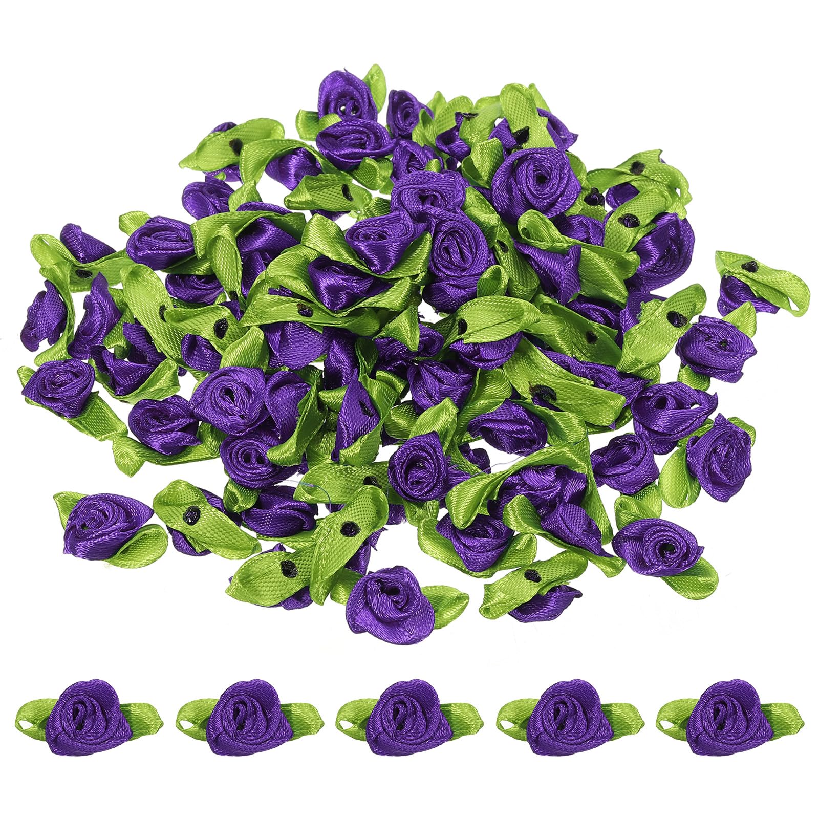 PATIKIL Mini Ribbon Roses, 100 Pcs Tiny Satin Fabric Flowers with Green Leaves Embellishments Rosettes Applique for DIY Crafts Sewing Wedding, Purple — image 1