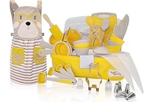 Baker Buddy 35-Piece Kids Baking Set with Teddy Bear Apron, Kid Friendly Knives, Cookie Cutters, Rolling Pin, Cutting Board, Whisk, Real Silicone Kitchen Accessories for Cooking and More