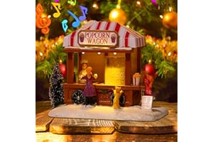 JOYOFXMAS Christmas Village Houses, LED Lighted Popcorn Village with 8 Music, Christmas Popcorn House Figurine Building Home Decor