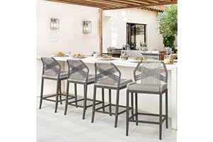 COZYMAN Outdoor Bar Stools, Rattan Outdoor Counter Height Bar Stools Set of 4, 26.5" H Woven Rope Patio Bar Chairs with Aluminum Legs for Kitchen, Slate Gray
