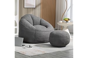 Sudwesto Bean Bag Sofa, Microfiber Upholstered Bean Bag Couch with Petal Back, Padded Lazy Sofa with Footstool, Memory Foam Stuffed Bean Bag Couch for Living Room, Bedroom, Apartment (Grey)