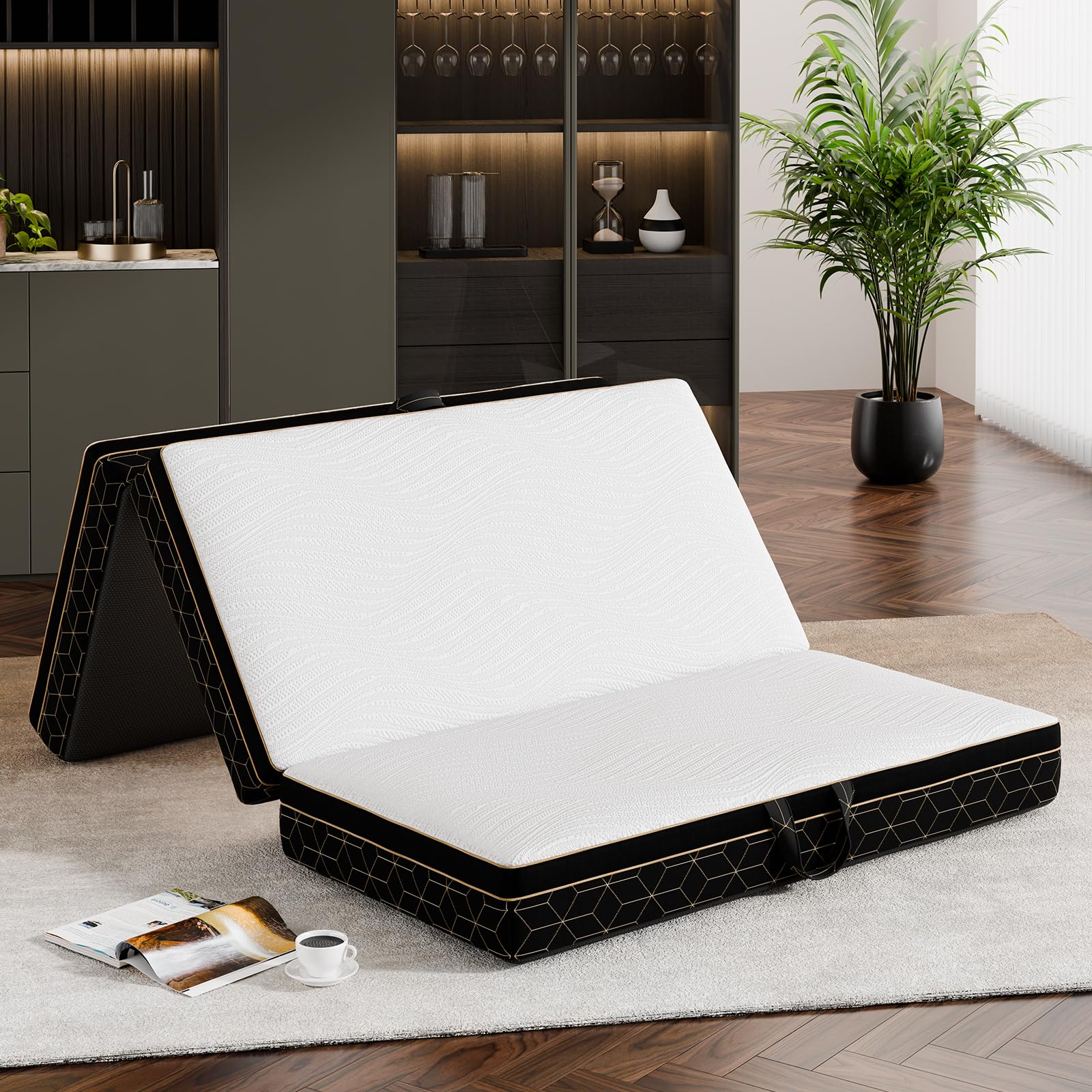 Photo 1 of (box 2 of 2) GEMBED Tri-Fold Memory Foam Mattress Queen - 6 Inch Portable Folding Mattress with Handle & Washable Cover, Floor Bed with Non-Slip Base, Space-Saving for Room, Travel, Guest Bed, RV, 78"x58"x6"