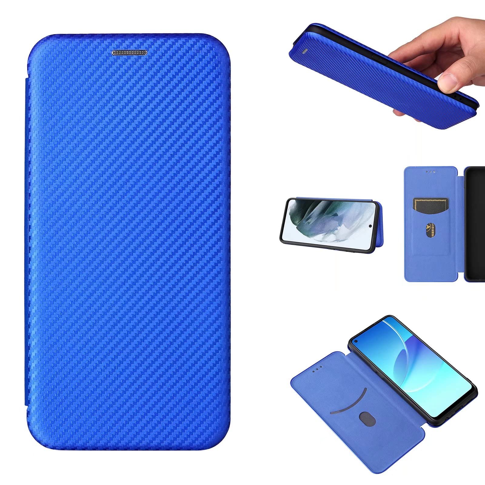 ESONG Carbon Fibre Phone Case for Google Pixel 7, with Magnetic Closure and ID Card Holder Slot case,Scratch-Resistant Carbon Fibre PC + Shockproof TPU + Free Stand - Blue — image 1