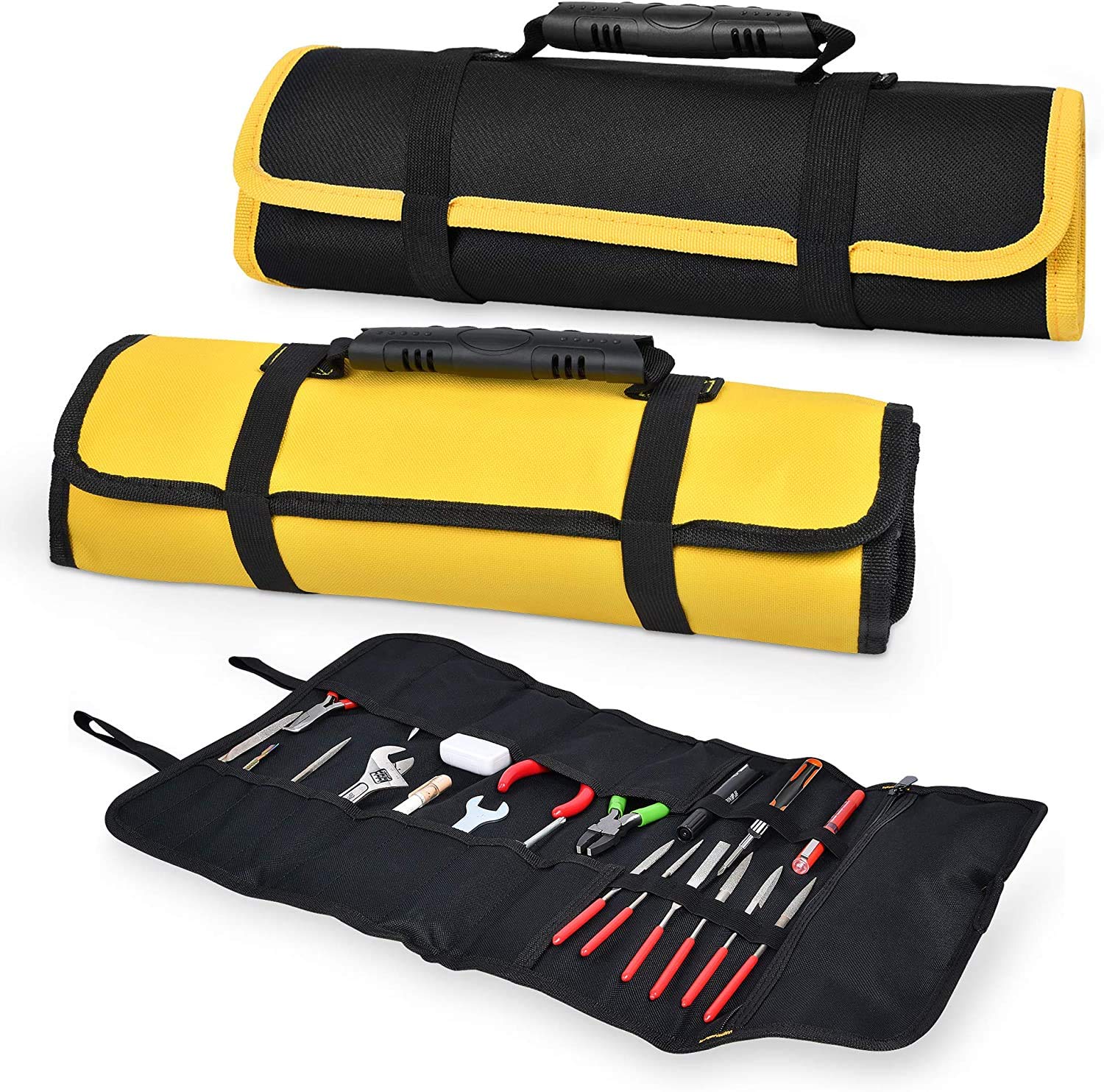 2 Pack Canvas Roll Up Tool Bags, Multi-Purpose Tool Pouch with Zipped Compartments Heavy Duty Hanging Tool Organizer for Wrench Screwdriver Tool Storage