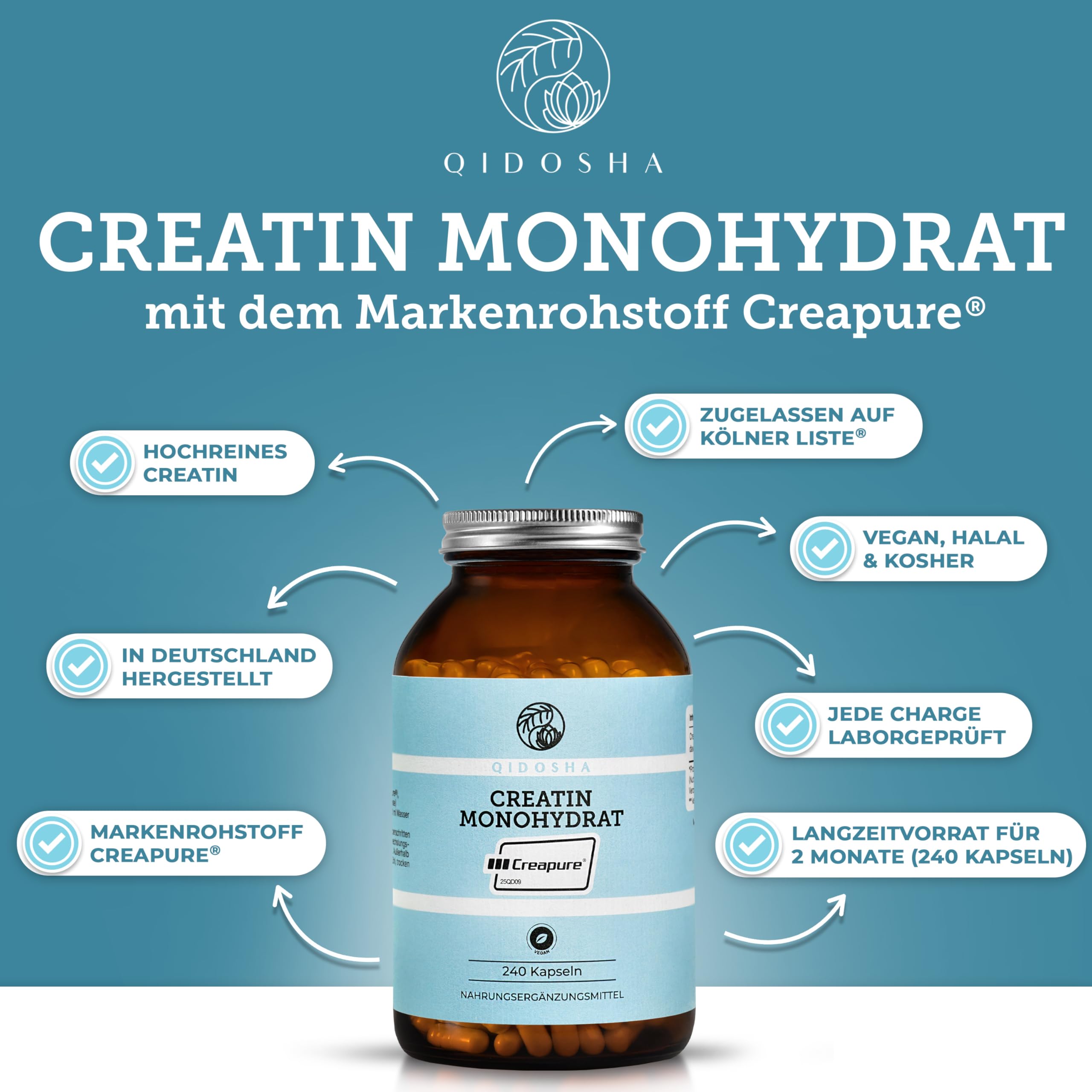 Creapure® Creatin Monohydrat von QIDOSHA®, 240 Stk im Apothekerglas, 750mg je Kapsel, jede Charge laborgeprüft, deutsche Fertigung 3
