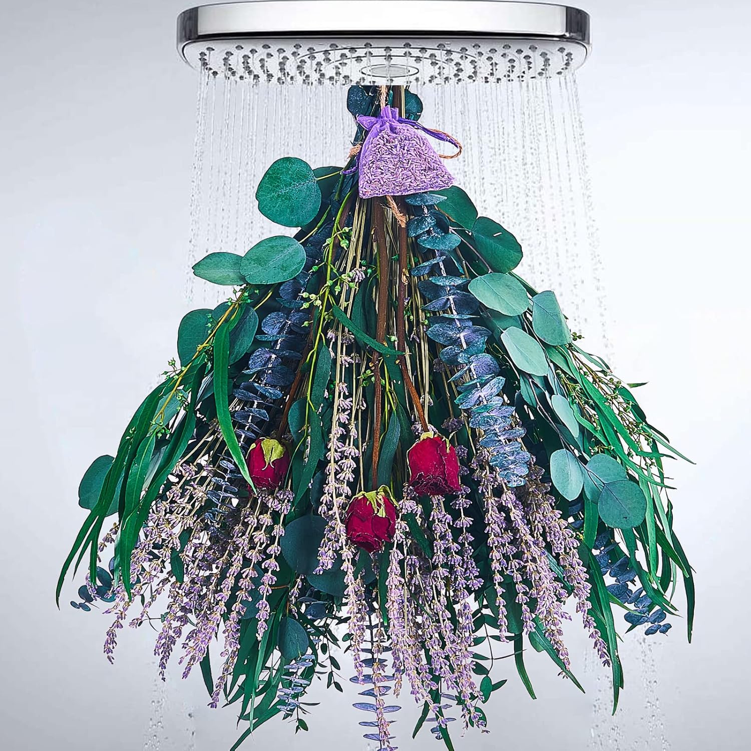 Dried & Preserved Flora - 123 Pcs Mix Dried Eucalyptus Stems - Lavender & Red Rose Flowers Bundles for Shower, 100% Natural Real Eucalyptus Leaves, Hanging Greenery Plant Decor for Shower, Home Spa Fragrance Bathroom Decor